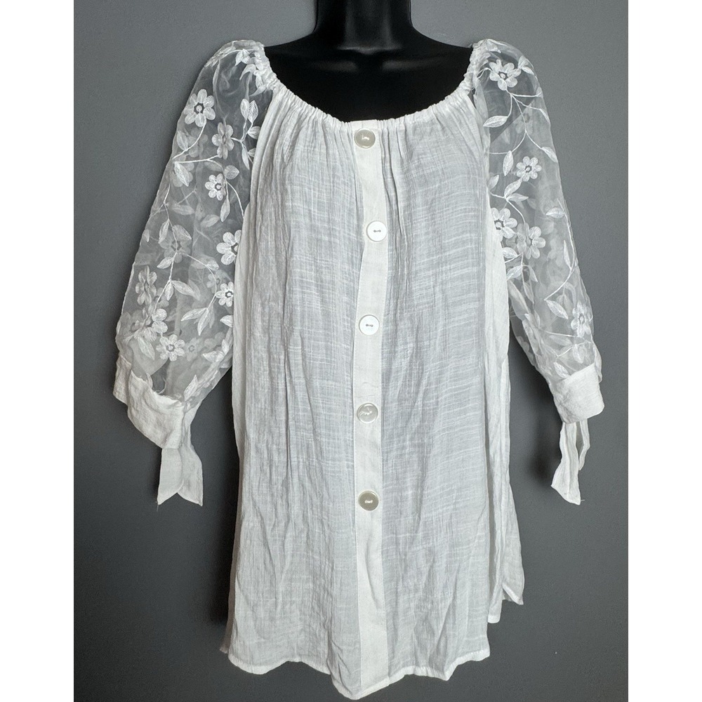 NWT White Peasant Style Women's Blouse Sheer Embroidered Lace Sleeves 14/16
